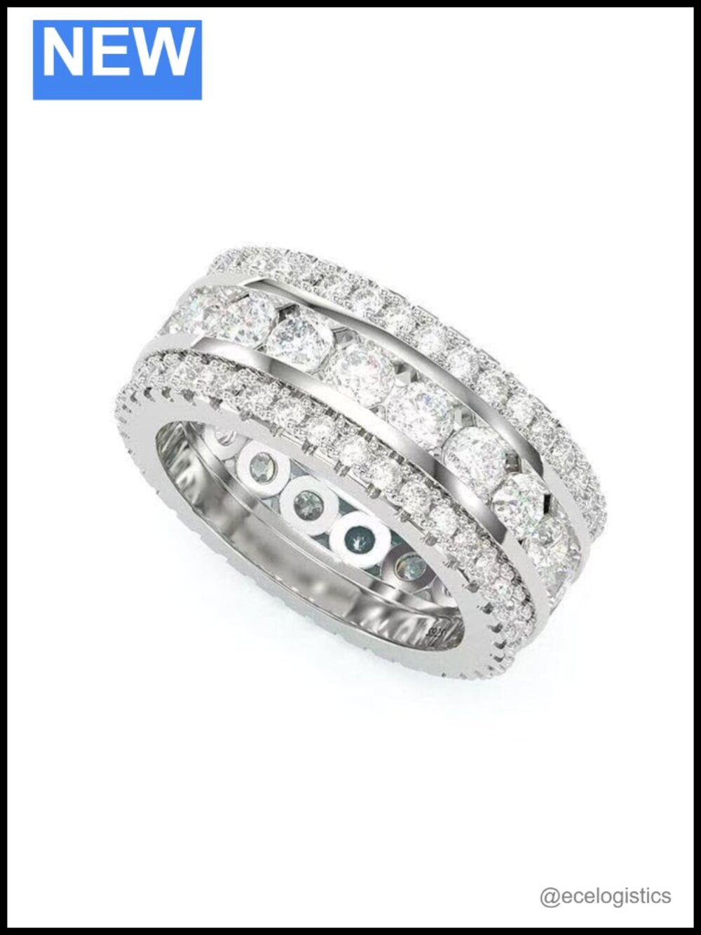 14K White Gold Plated 3 Row CZ Eternity Wedding Band Ring